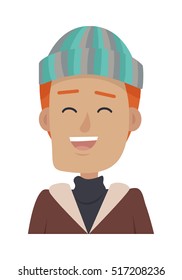 Hat. Smiling young man in colourful hat. Male with red hair wearing stripped bright hat. Cap with blue, green, silver lines. Brown jacket. Dark silver sweater. White background. Vector illustration