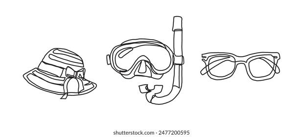 Hat, snorkel, sunglasses continuous one line drawing, single line art element, minimalist sketch line vector illustration, summer holiday concept