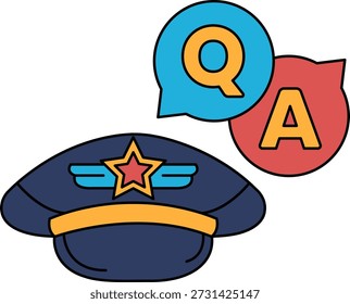 Un sombrero con una estrella y las letras Q y A. El sombrero es un símbolo de autoridad y las letras Q y A son un formato de pregunta y respuesta