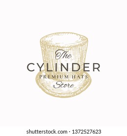 The Hat Store Abstract Vector Sign, Symbol or Logo Template. Elegant Cylinder Hat Drawing Sketch with Classy Retro Typography. Vintage Luxury Emblem. Isolated.