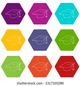 Hat student icons 9 set coloful isolated on white for web