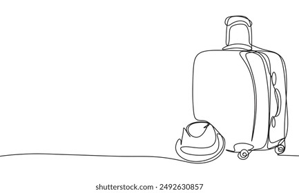 
Hat and suitcase one line continuous. Vacation concept line art. Hand drawn vector art.