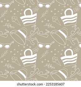 Hat, sunglasses, beach bag. Set of accessories for a beach holiday, a starfish and flowers vector seamless pattern white on a taup background