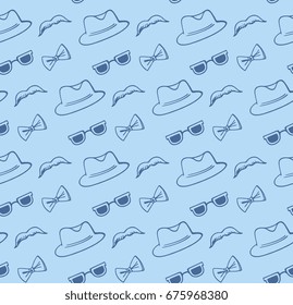 Hat, sunglasses, bow tie gentlemen accessories seamless pattern.