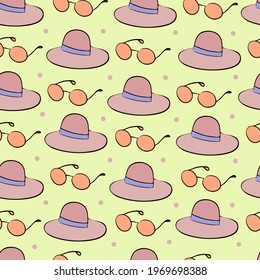 Hat and sunglasses on a yellow background. For fabric, cover, website, wallpaper. Seamless pattern.