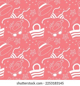 Hat, sunglasses, sun cream, beach bag. Set of accessories for a beach holiday, a starfish and flowers vector seamless pattern white on a coral background