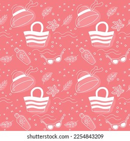 Hat, sunglasses, sun cream, beach bag. Set of accessories for a beach holiday, a starfish, a shell and flowers vector seamless pattern white on a coral background