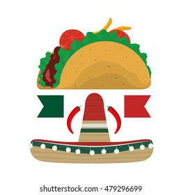 Hat and taco. Mexico landmark and mexican culture theme. Colorful design. Vector illustration