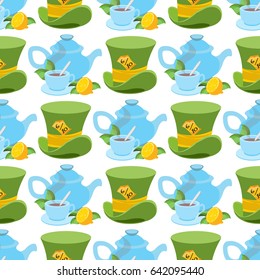 Hat and teapot from Wonderland World. This way - that way. Seamless Vector Texture Can Be Used for Wallpapers, Pattern Fills, Web Page Backgrounds, Surface Textures.