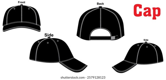 hat template vector, Snap back hat Technical Drawing Illustration Blank Street wear Mock-up Template, Blank White 5 Panels Baseball Cap, Mesh baseball cap vector template, technical hat apparel vector