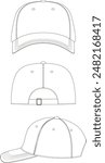 hat template vector, Snapback hat Technical Drawing Illustration Blank Streetwear Mock-up Template, Blank White Baseball Cap, Meshbaseball cap vector template, technical hat apparel vector. line art 