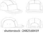 hat template vector, Snapback hat  Technical Drawing Illustration Blank Streetwear Mock-up Template, Blank White 5 Panels Baseball Cap, Meshbaseball cap vector template, technical hat apparel vector