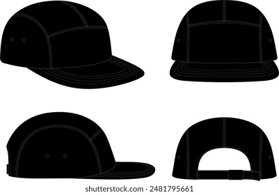 hat template vector, Snapback hat Technical Drawing Illustration Blank Streetwear Mock-up Template, Blank White 5 Panels Baseball Cap, Meshbaseball in Isolated vector objects on white background