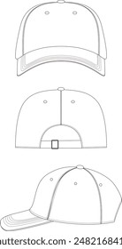 hat template vector, Snapback hat Technical Drawing Illustration Blank Streetwear Mock-up Template, Blank White Baseball Cap, Meshbaseball cap vector template, technical hat apparel vector