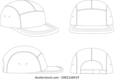 Trucker Hat Snapback Technische Zeichnung Illustration Leere Streetwear Mock-up Vorlage für Design und Tech Packs CAD Strap Meshbaseball Cap Vektorgrafik Vorlage, Set von Hüten. Einfache Baseballkappe. Rollmütze