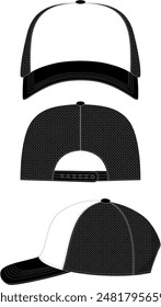 hat template vector, trucker hat Technical Drawing Illustration Blank Streetwear Mock-up Template, Blank White trucker hat, Mesh trucker cap vector template, technical hat apparel vector