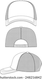 hat template vector, trucker hat Technical Drawing Illustration Blank Streetwear Mock-up Template, Blank White trucker hat, Mesh trucker cap vector template, technical hat apparel vector