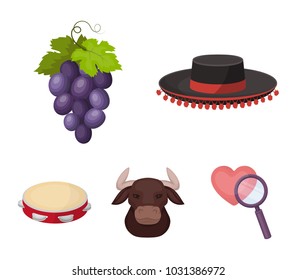 The hat of the todeador, the matador, a bunch of grapes with fists, a bull for the Spanish bullfight, a tambourine. Spain country set collection icons in cartoon style vector symbol stock illustration