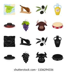 The hat of the todeador, the matador, a bunch of grapes with fists, a bull for the Spanish bullfight, a tambourine. Spain country set collection icons in black,cartoon style vector symbol stock