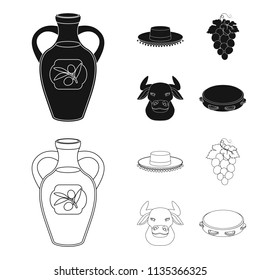 The hat of the todeador, the matador, a bunch of grapes with fists, a bull for the Spanish bullfight, a tambourine. Spain country set collection icons in black,outline style vector symbol stock