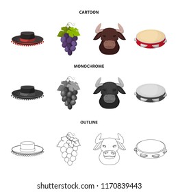 The hat of the todeador, the matador, a bunch of grapes with fists, a bull for the Spanish bullfight, a tambourine. Spain country set collection icons in cartoon,outline,monochrome style vector symbol