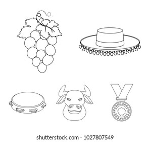 The hat of the toreador, the matador, a bunch of grapes, a bull for the Spanish bullfight, a tambourine. Spain country set collection icons in outline style vector symbol stock illustration