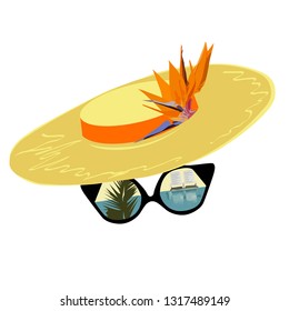 Hat and the traveller's glasses with reflection of a situation, a color vector illustration on a white background
