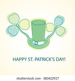 Hat with two horn clovers. Vector St. Patricks green symbols: hat and shamrock. 