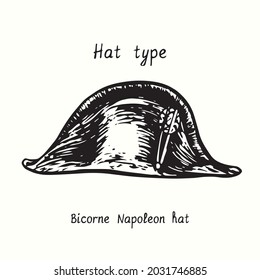 Hut-Typ, Bicorne Napoleon-Hut. Ink. Schwarz-Weiß-Umriss