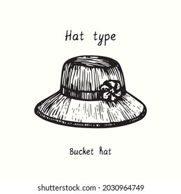 Hat type, Bucket. Ink black and white drawing outline illustration