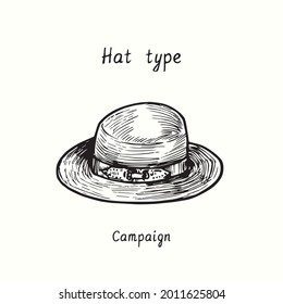 Hat Type, Campaign Hat. Ink Black And White Drawing Outline Illustration