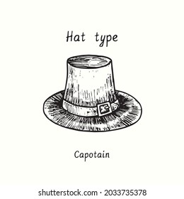 Hat type, Capotain. Ink black and white drawing outline illustration