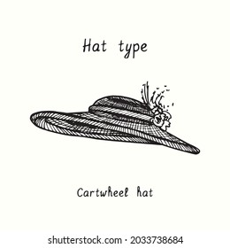 Hat type, Cartwheel. Ink black and white drawing illustration