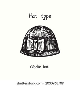 Hat type, Cloche. Ink black and white drawing outline illustration