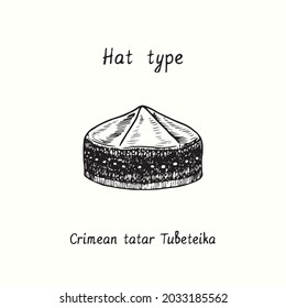 Hat type, Crimean Tatar Tubeteika. Ink black and white drawing outline illustration