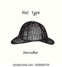 Hat type, Deerstalker. Ink black and white drawing outline illustration