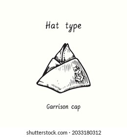 Hat type, Garrison cap. Ink black and white drawing outline illustration