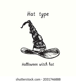 Hat type, Halloween witch hat. Ink black and white drawing outline illustration