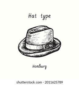 Hat type, homburg. Ink black and white drawing outline illustration