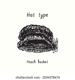 Tipo de sombrero, cesta de Peach. Ilustración de dibujo en blanco y negro con tinta