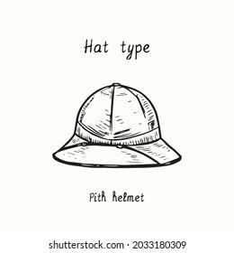 Hat type, Pith helmet. Ink black and white drawing outline illustration