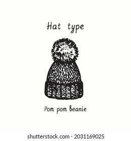 Hat type, Pom pom beanie. Ink black and white drawing outline illustration