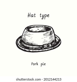 Hat type, pork pie. Ink black and white drawing outline illustration