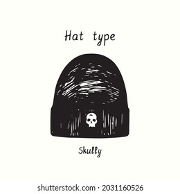Hat type, Skully. Ink black and white drawing outline illustration