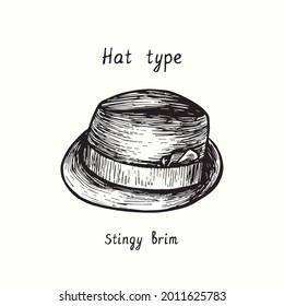 Hat type, stingy brim. Ink black and white drawing outline illustration