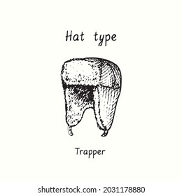 Hat type, Trapper with fur. Ink black and white drawing outline illustration