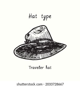 Hat type, Traveler. Ink black and white drawing  illustration