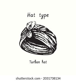 Hat type, turban hat with peacock feather and jewelry. Ink black and white drawing outline illustration