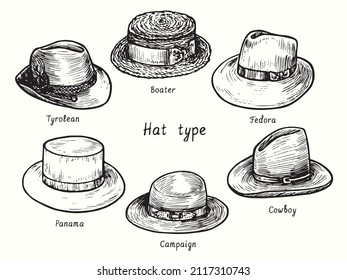 Hat type, tyrolean, boater, fedora, cowboy, campaign, panama. Ink black and white drawing outline illustration