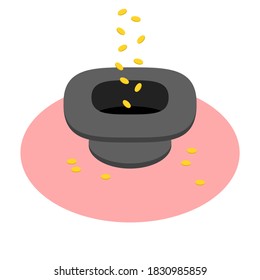 Hat used to beg. Coins falling into the hat and some coins on the ground. Concept of generosity and donations.